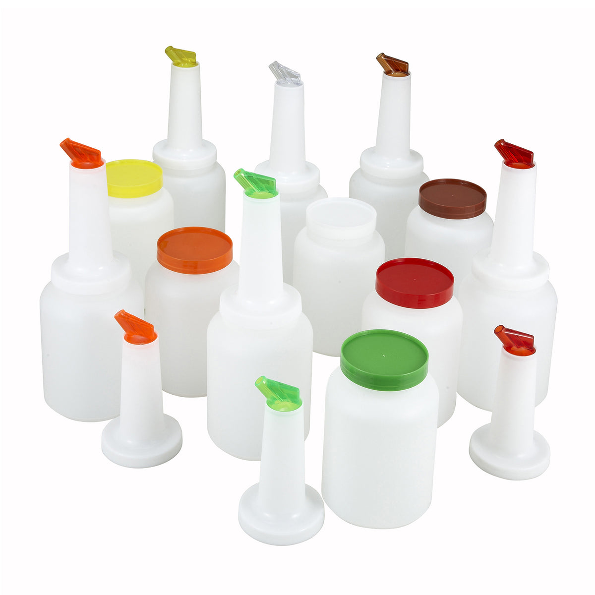 Winco PPB-2MX 2 Qt (64 oz) Liquor & Juice Pour Set with Colored Spouts & Lids, NSF | 64 oz = 2 qt = 1/2 gal