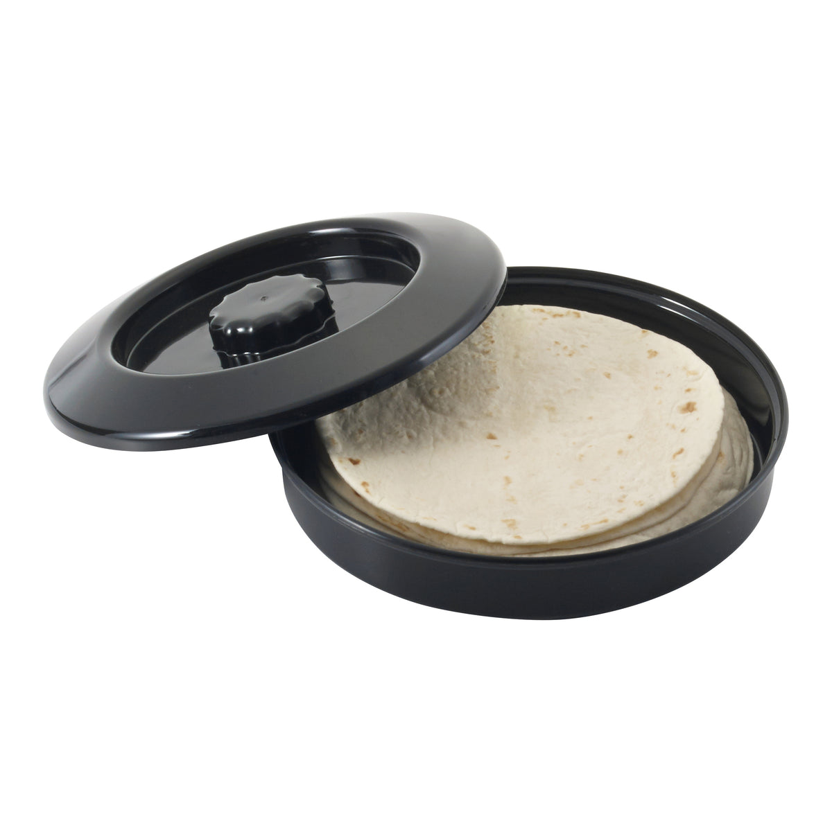 Winco PTW-7K Tortilla Warmer, 7-1/2" Dia. X 1-7/8"H, Round, with Recessed Handle, Black | polypropylene