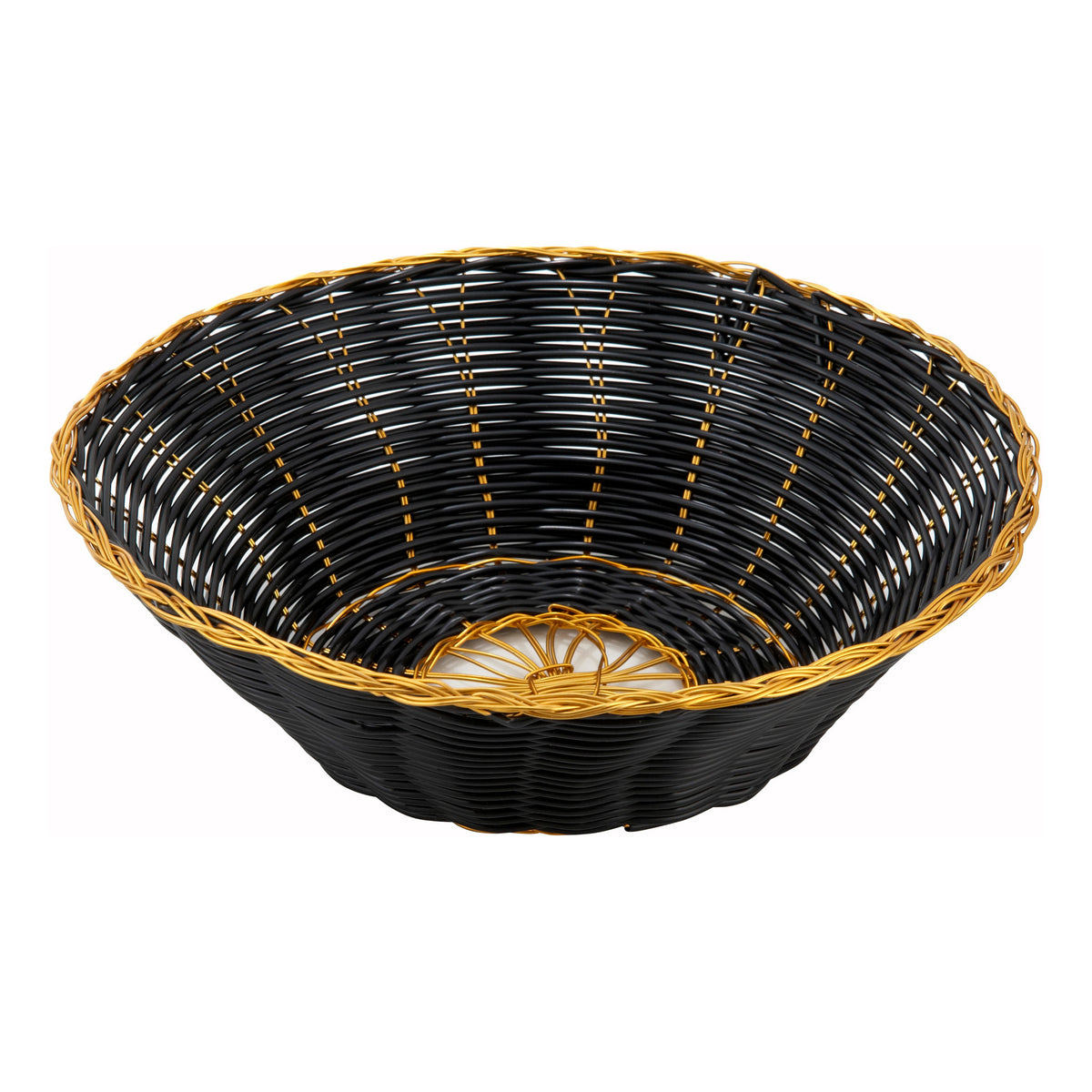Winco PWBK-8R Round Woven Basket, 8-1/2" Dia x 2-1/4" H, Polypropylene, Black with Gold Trim - 1 Dozen