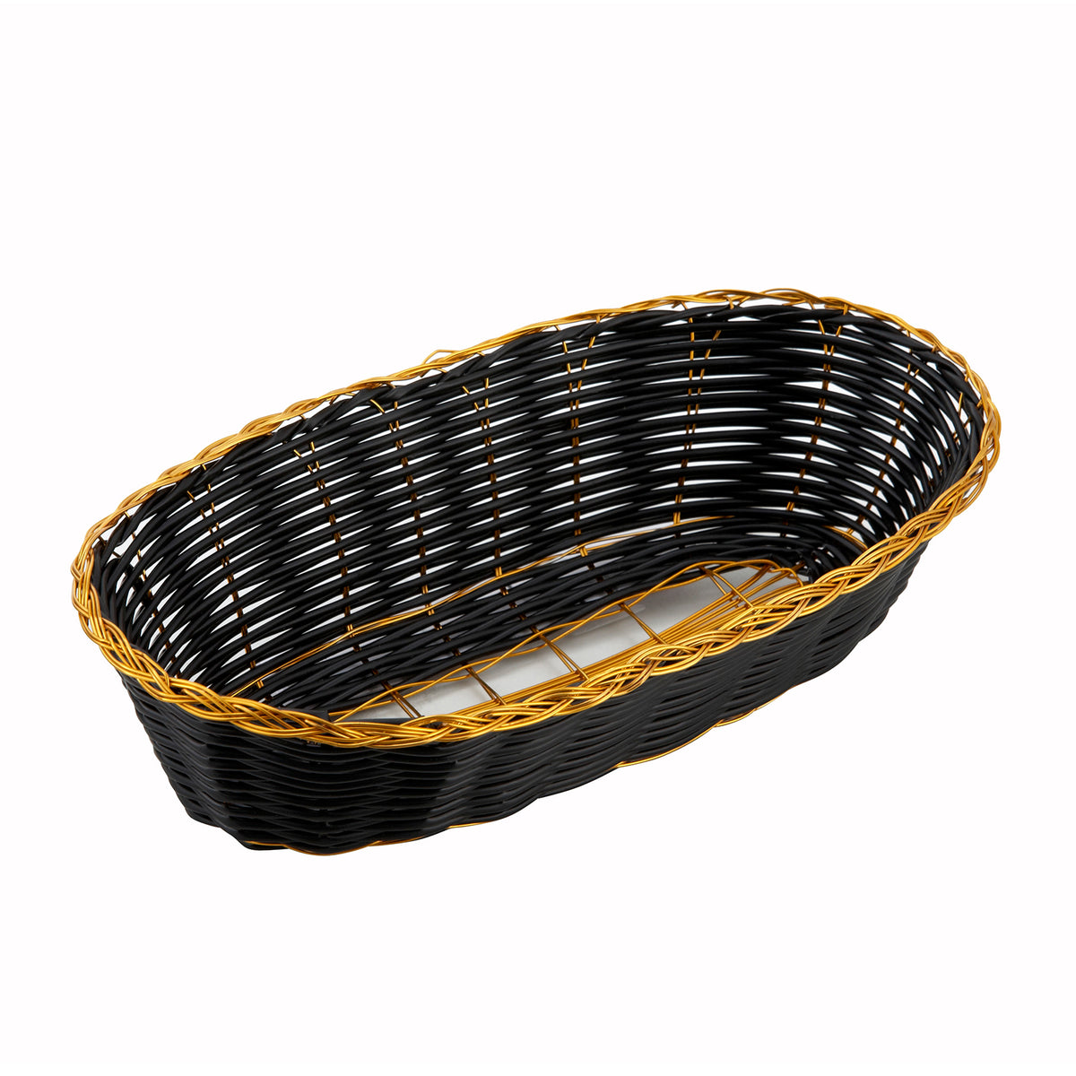 Winco PWBK-9B Oval Woven Basket, 8-3/4" x 3-7/8" x 2" H, Reinf PP, Black with Gold Trim - 1 Dozen