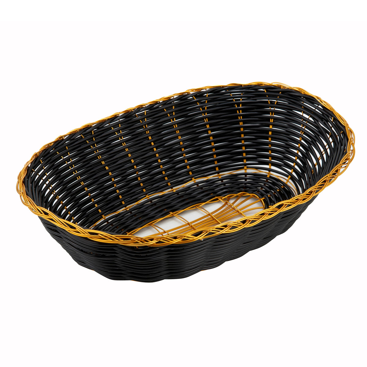Winco PWBK-9V Oval Woven Basket, 9" x 7" x 2-3/4", Polypropylene, Black with Gold Trim - 1 Dozen