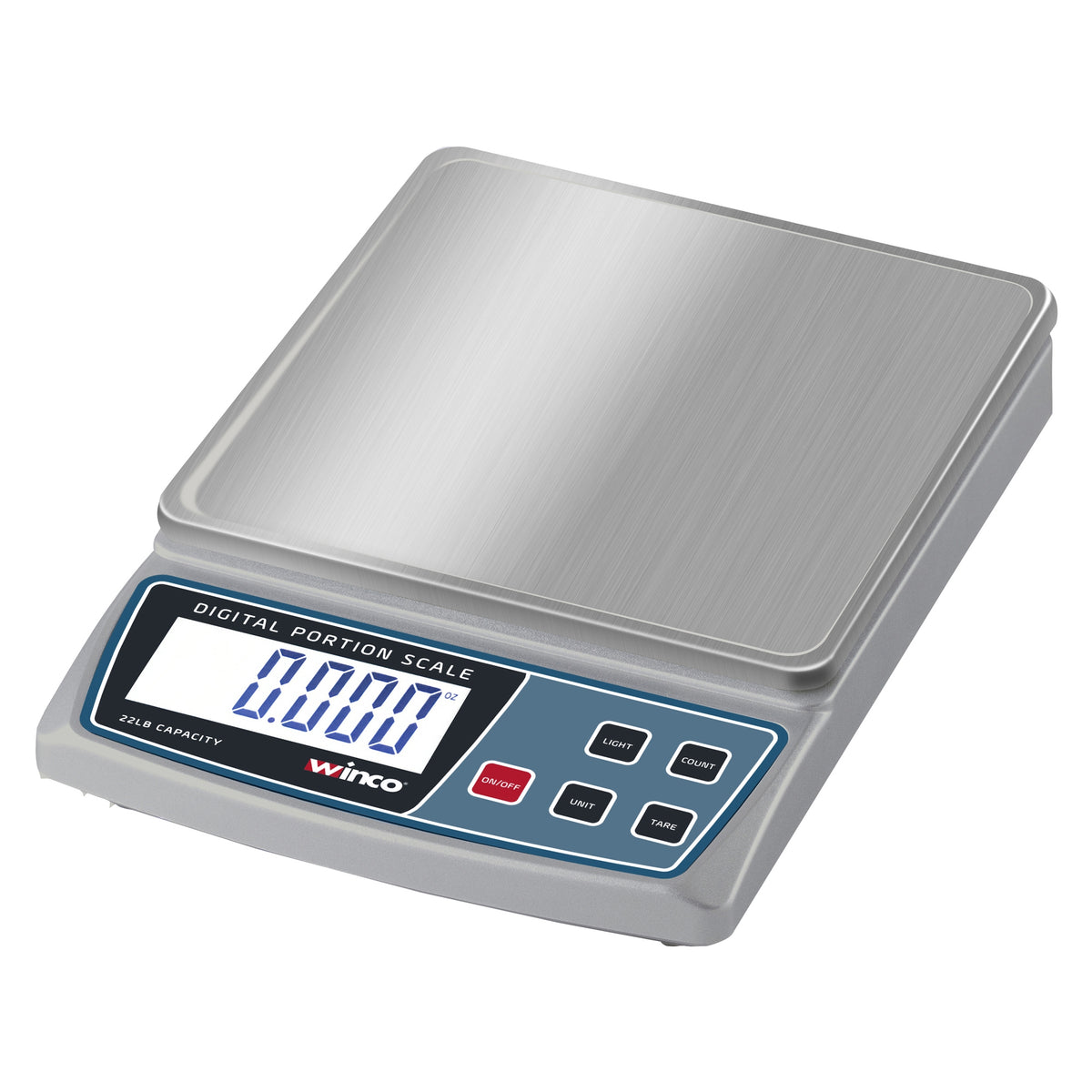 Winco SCAL-D22 22 lb Digital Portion Control Scale, 6"x6" Stainless Steel Platform, 2-1/2" LCD, Battery/AC