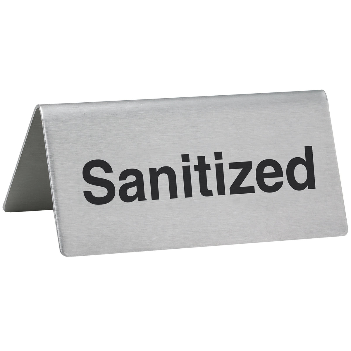 Winco SGN-106 Tent Sign, 3"W X 1-1/2"D X 1-1/4"H “Sanitized", Stainless Steel