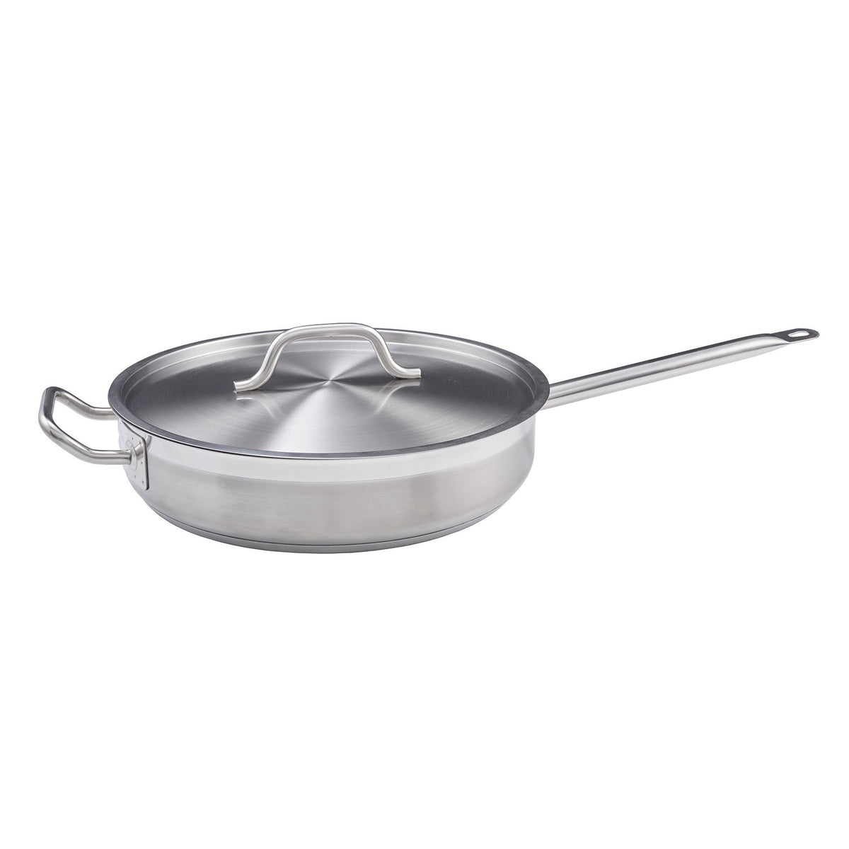 Winco SSET-3 3 Qt. Stainless Steel Saute Pan with Lid and Helper Handle | stainless steel, aluminum