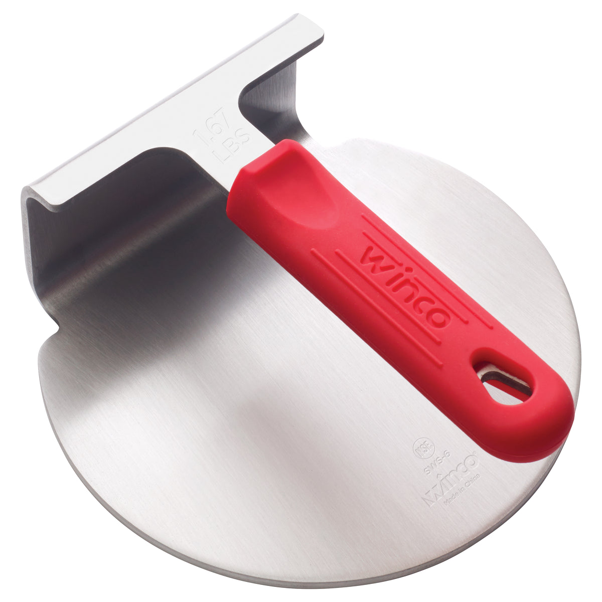 Winco SWS-6 Smash Burger Press, 1.67 lbs, Round, One Piece, Red Silicone Handle Sleeve | stainless steel