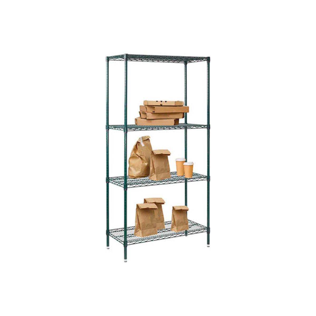 Winco VEXS-2436 Wire Shelving Set, 24" x 36" x 72", 4 Tier Green Epoxy Coated, KD NSF Approved