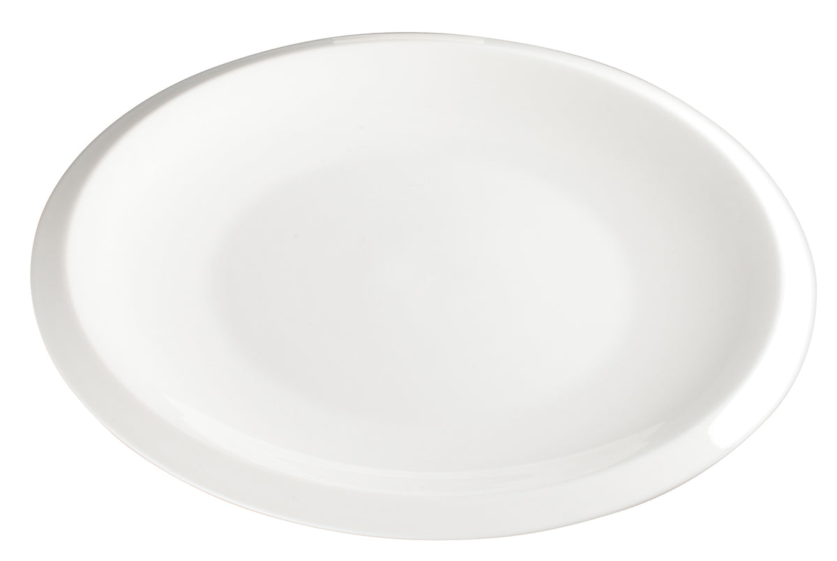 Winco WDP006-202 Bergomi 10-1/4" Oval Porcelain Dinner Plate, Narrow Rim, Creamy White - 12/Case
