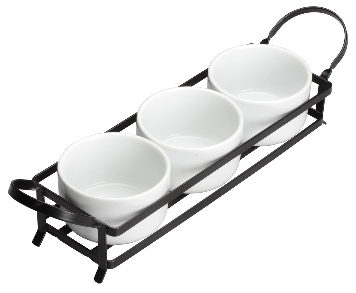 Winco WDP014-101 Trio Bowl Set, 15" x 3.75" O.A., 3 x 8-oz. bowls, white, metal stand - 12 Sets/Case | porcelain
