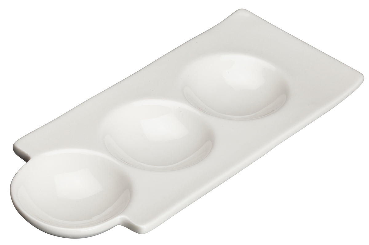 Winco WDP017-107 9-1/2" x 2-3/4" Porcelain Trio Dish, 3 oz + 3 1 oz compartments, White - 36/Case