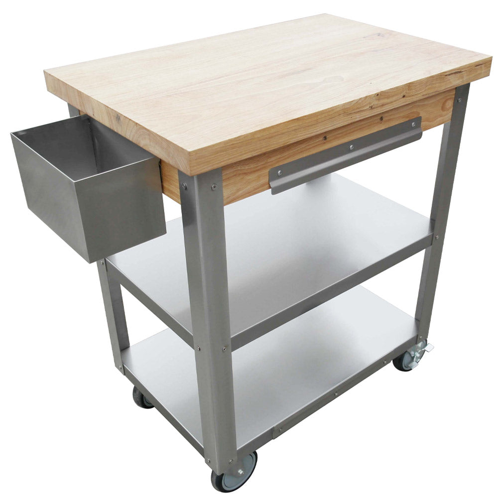 Prepline PWTC-2030 rubber wood top utility trolley cart, front angle view with utensil holder