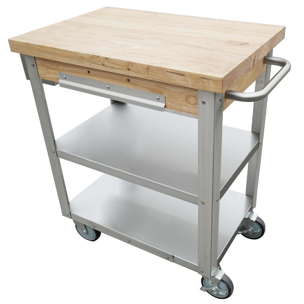 Prepline PWTC-2030 rubber wood top utility trolley cart, rear angle view with handle