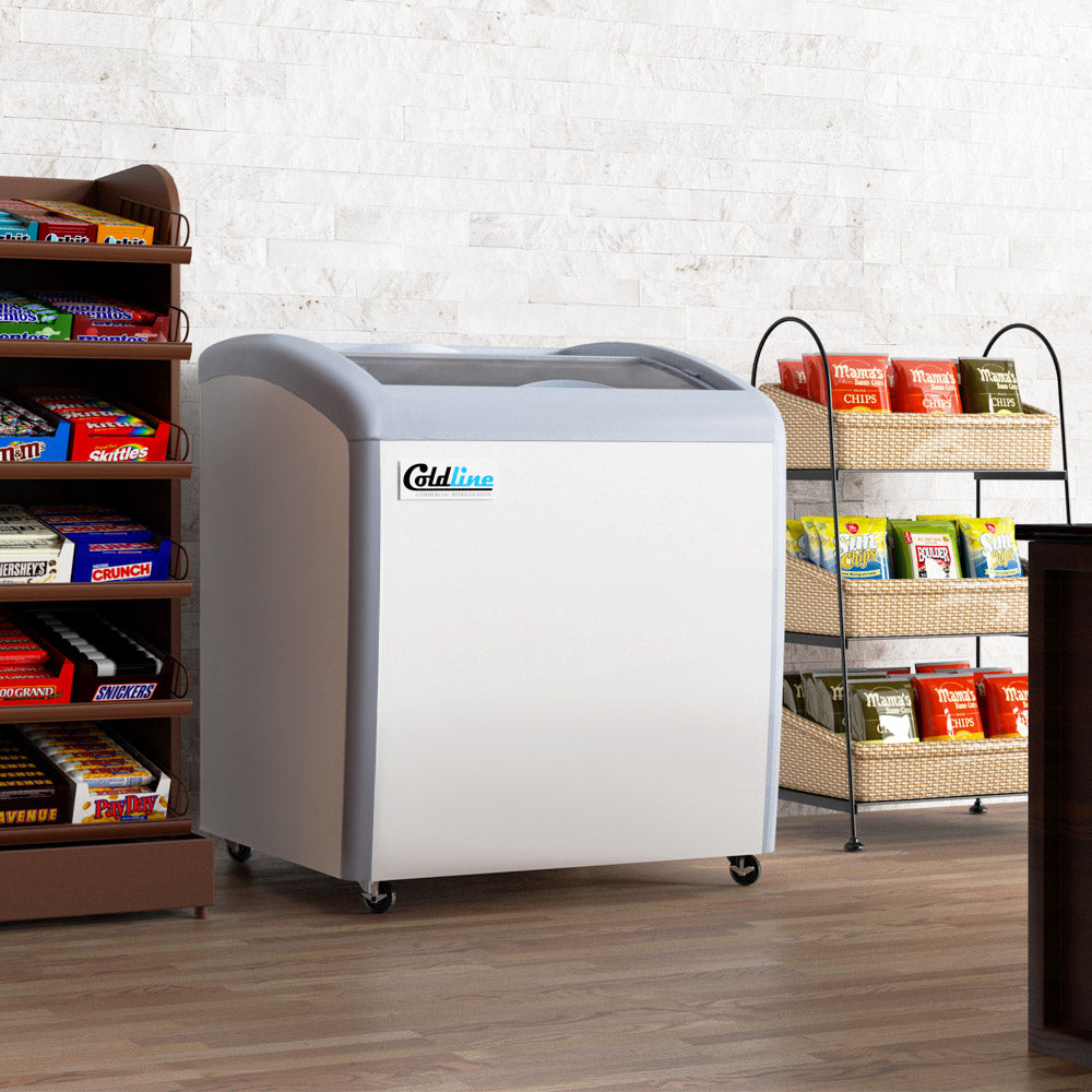 Coldline XS160 curved glass top ice cream display freezer, in a convenience store