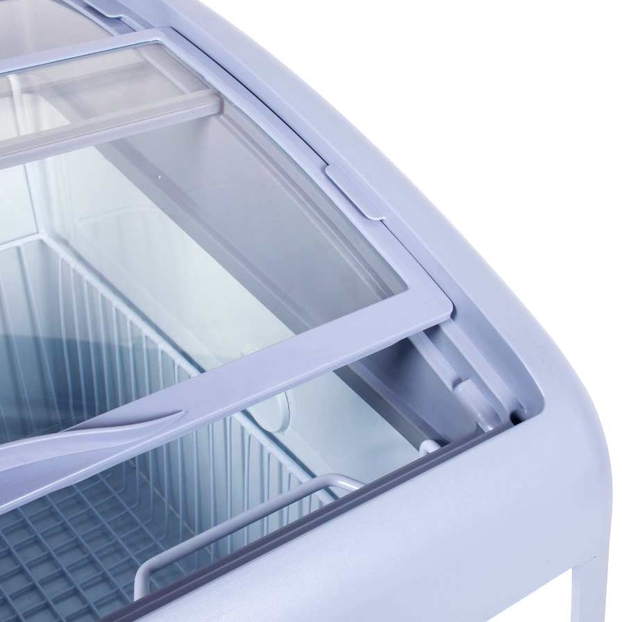 Coldline XS160 curved glass top ice cream display freezer, curved glass lid, close-up
