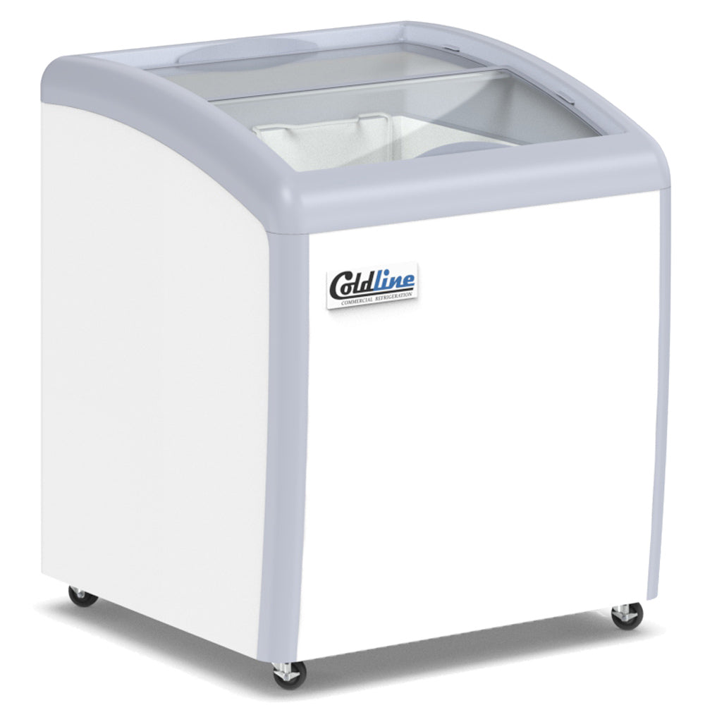 Coldline XS160 curved glass top ice cream display freezer, angled front view, left side