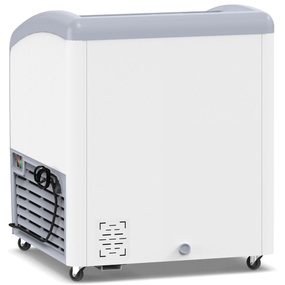 Coldline XS160 curved glass top ice cream display freezer, rear view with compressor grille