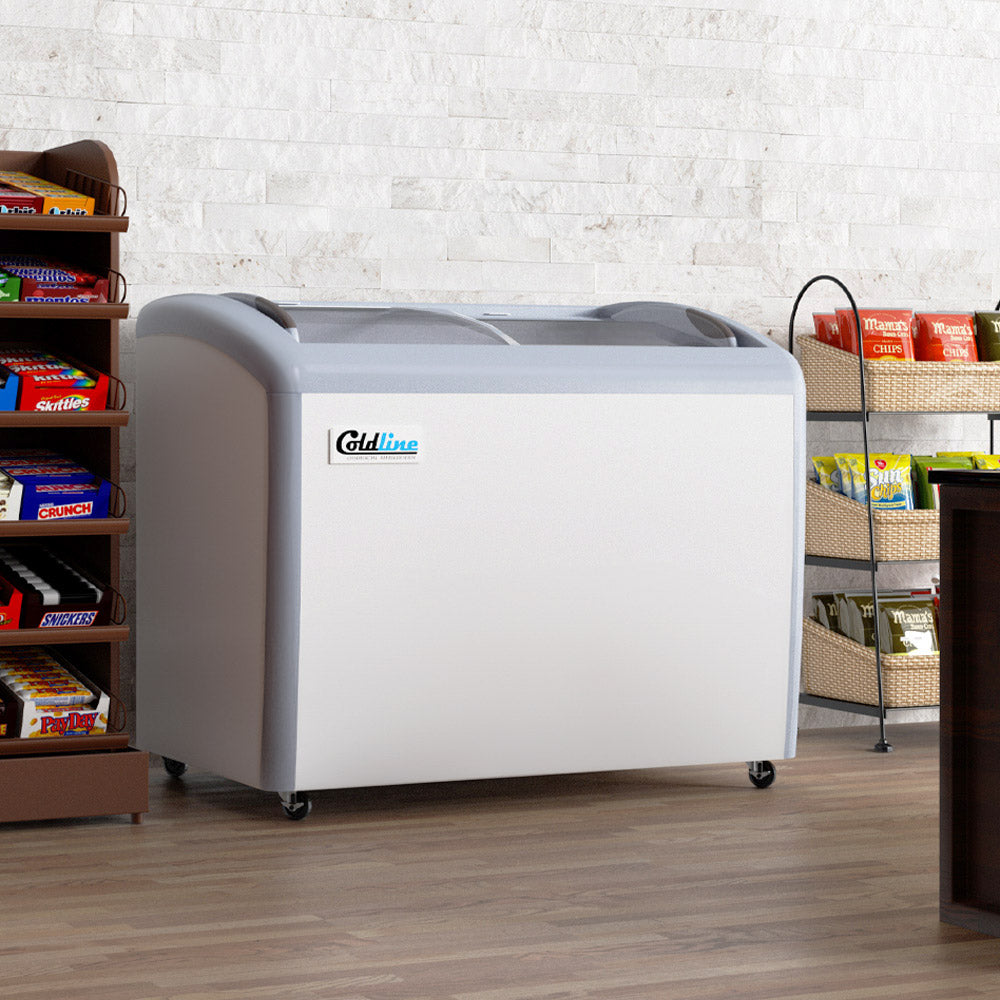 Coldline XS260 curved glass top ice cream display freezer, in a convenience store
