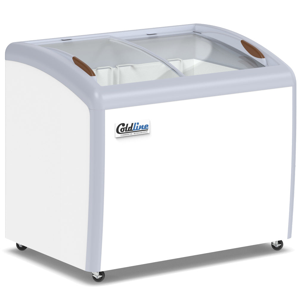 Coldline XS260 curved glass top ice cream display freezer, angled front view, left side