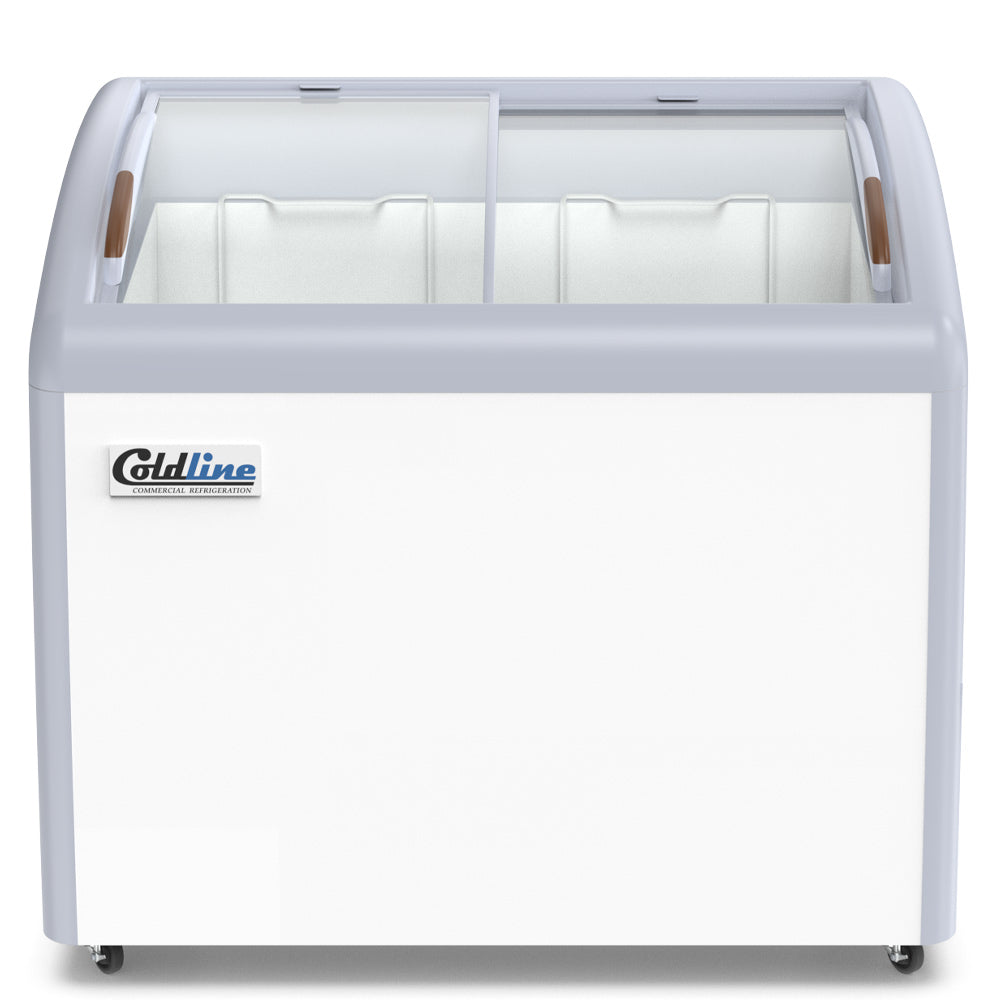 Coldline XS260 curved glass top ice cream display freezer, front view