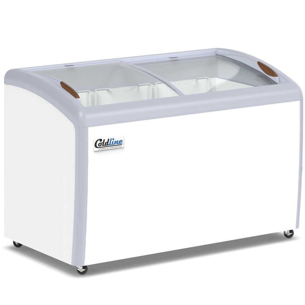 Coldline XS360 curved glass top ice cream display freezer, angled front view, left side