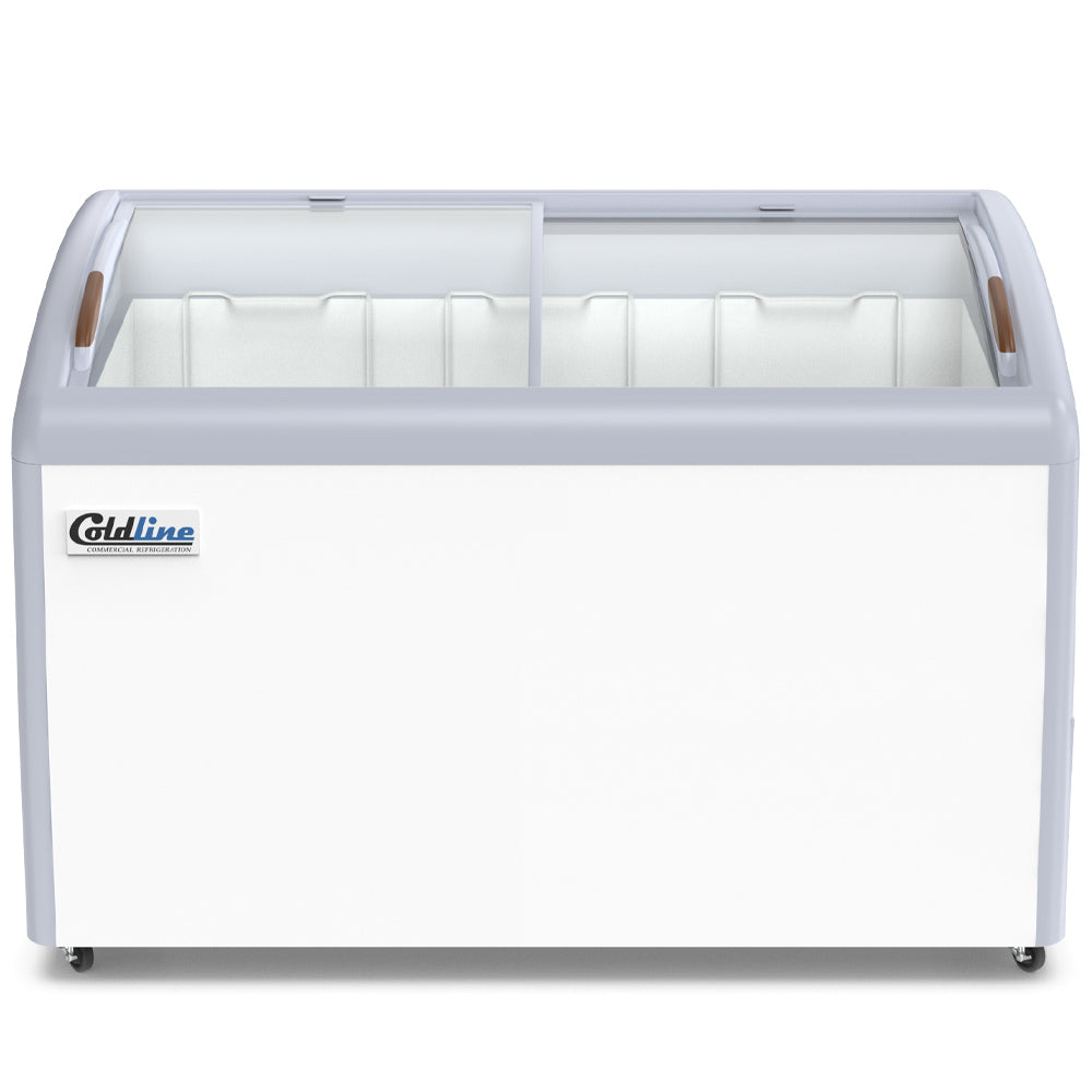 Coldline XS360 curved glass top ice cream display freezer, front view