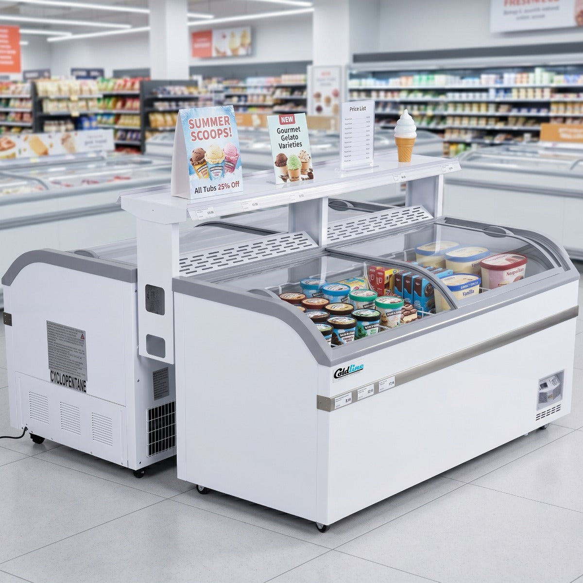 Coldline XS500YX-DBL Double 58" Curved Glass Top Display Ice Cream Freezer with LED Lighting and Promotion Shelf