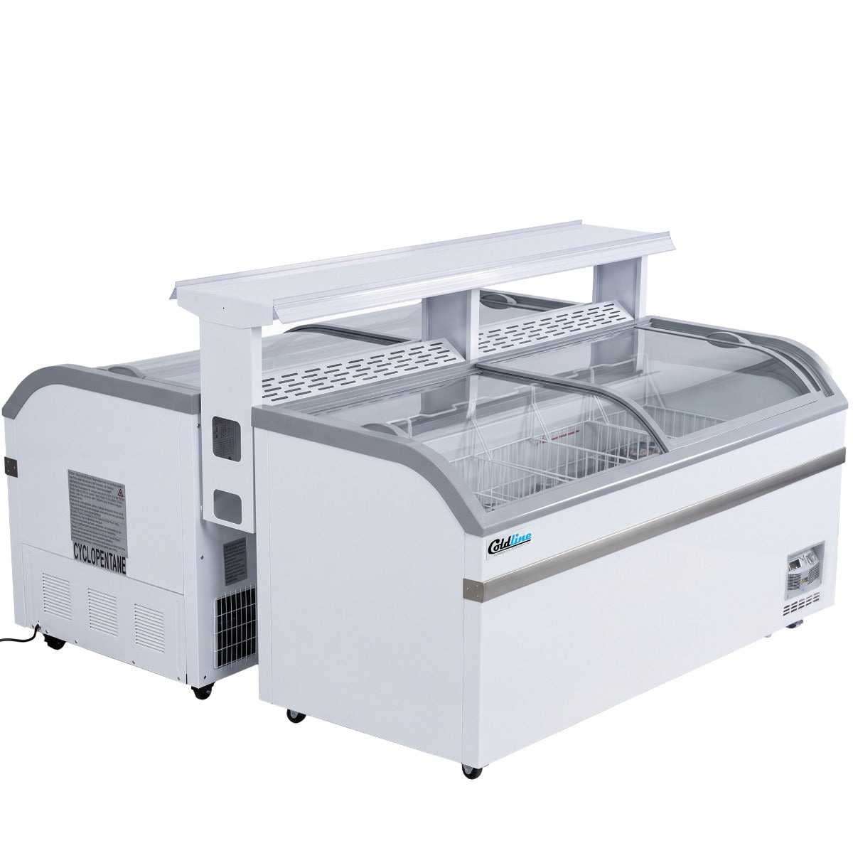 Coldline XS500YX curved glass top ice cream display freezer, two units back to back with a promotion shelf (XS500YX-DBL, representative image)