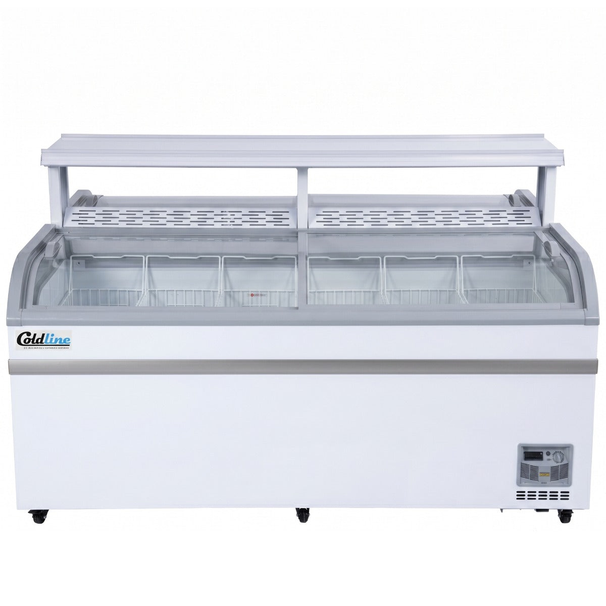 Coldline XS700YX-DBL Double 79" Curved Glass Top Display Ice Cream Freezer with LED Lighting and Promotion Shelf