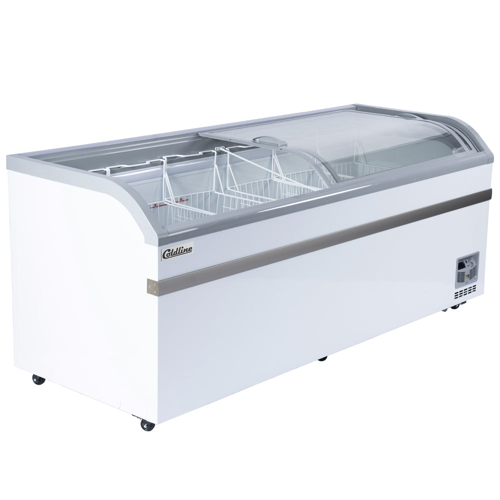 Coldline XS700YX curved glass top ice cream display freezer, angled front view with wire baskets