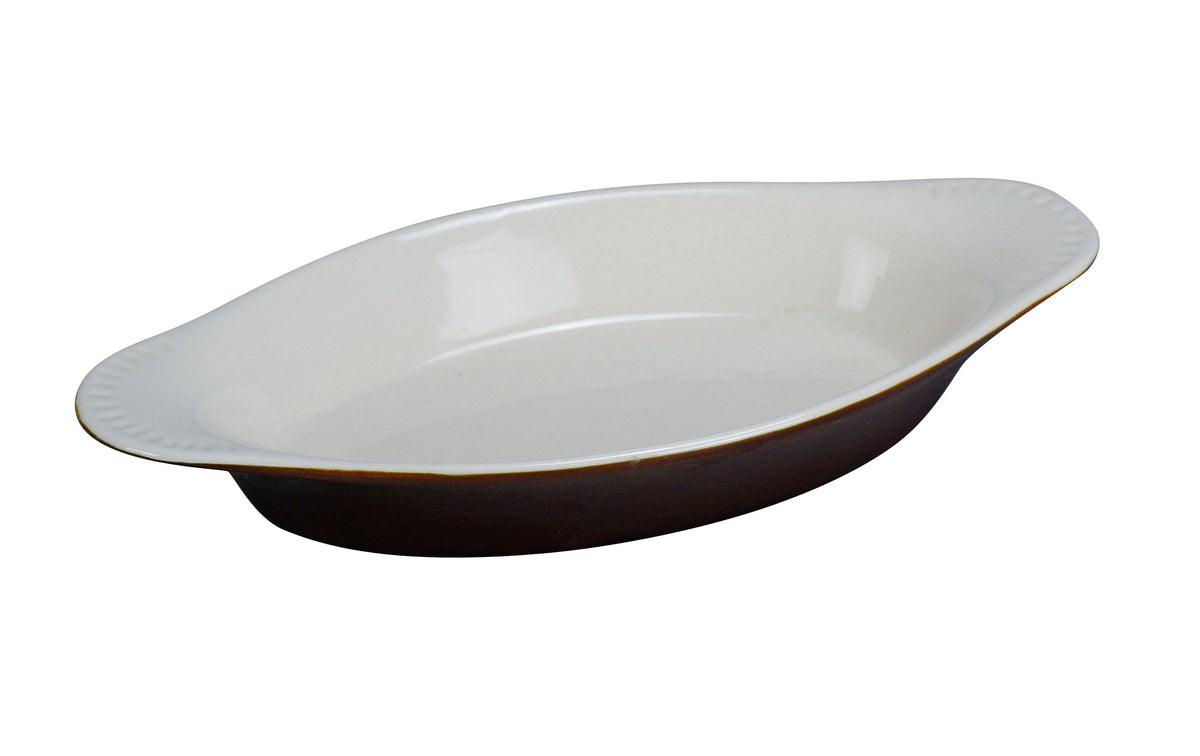 Yanco CO-8-B Welsh Rarebit Porcelain, 8 oz, 8-1/2"L x 4-1/4"W x 1⅛"H, White/Brown Dishwasher Safe - Case of 36