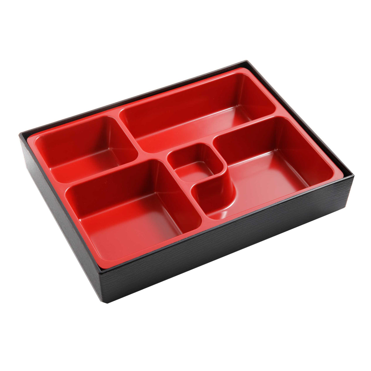 Yanco CR-610 5-Compartment Rect. Plastic Sushi Box 10-1/4" L x 8" W x 2" H Black/Red Dishwasher Safe - Case of 6