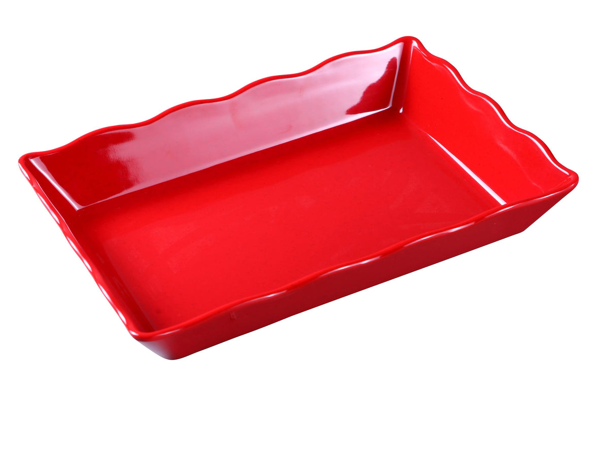 Yanco DC-6114R Rectangular Serving Tray, 14" x 9-1/2" x 2", Scalloped Edge, Red Melamine - Case of 6