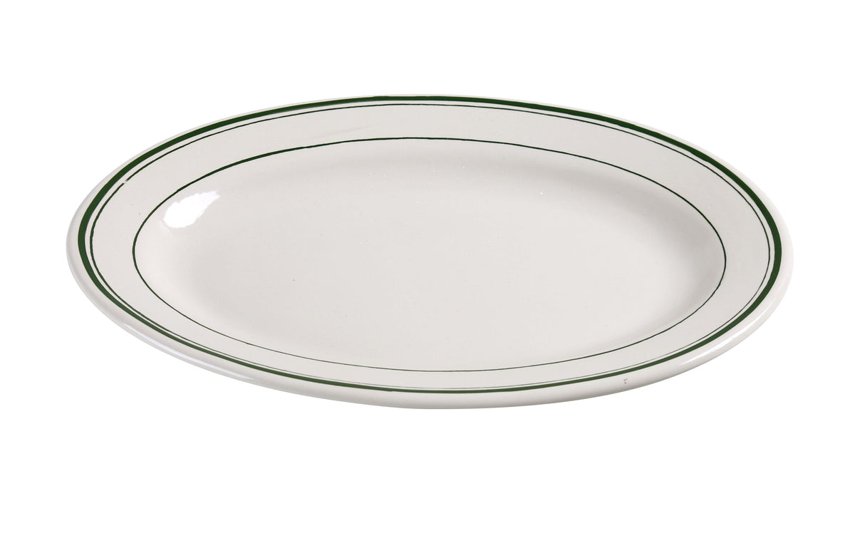 Yanco GB-19 Green Band Oval Ceramic Platter, 13-1/2" x 9-1/2" White Dishwasher & Microwave Safe - Case of 12
