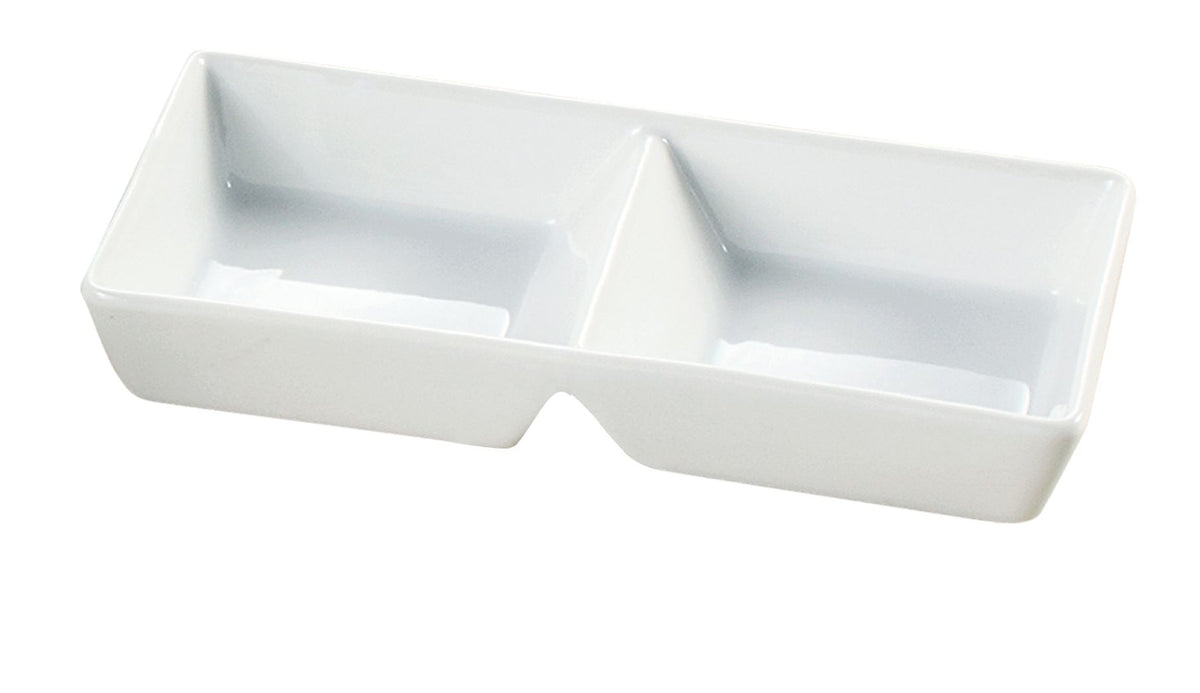 Yanco ML-728 - 10" White Porcelain Rectangular Tray 2 Compartments 10 oz 10" x 4" x 1-5/8" - Case of 24