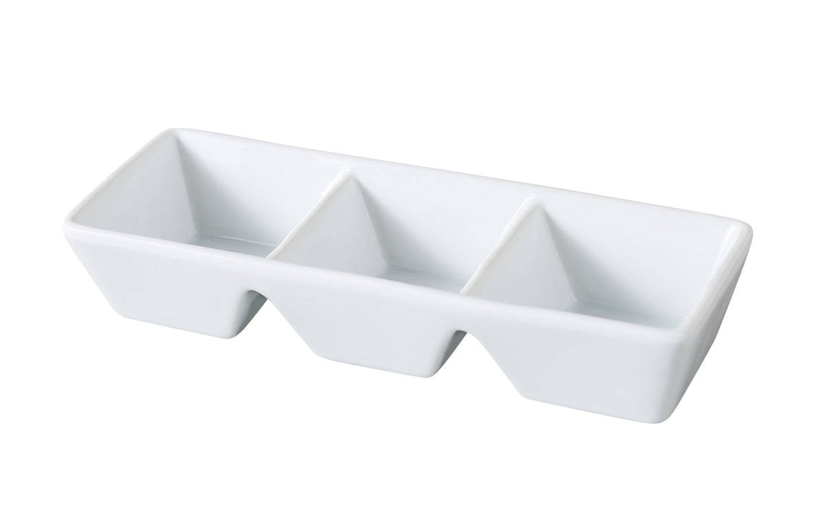 Yanco ML-737 - 7" x 2.5" x 1.25" Porcelain 3-Compartment Tray, 1.5 oz Each, White, Safe - Case of 24