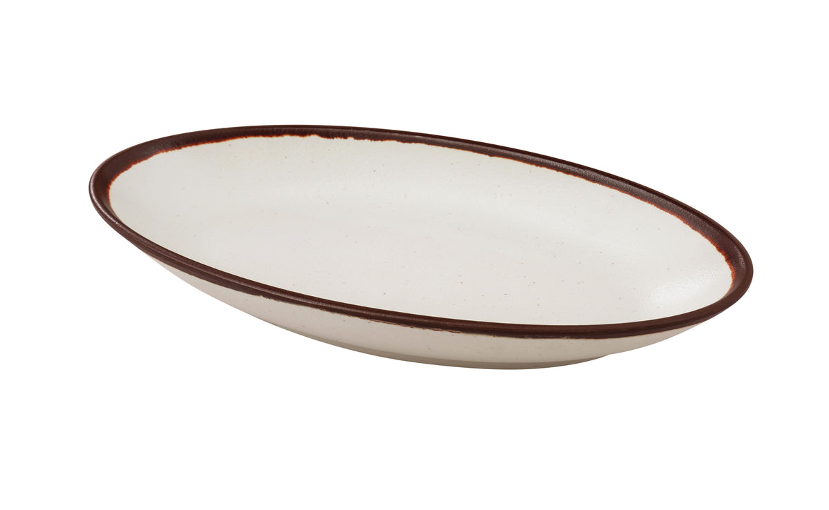 Yanco NA-310 Plate,Oval Deep Melamine White/Brown Accent, 10-1/2" W x 5-1/4" D x 1-1/2" H - Case of 24