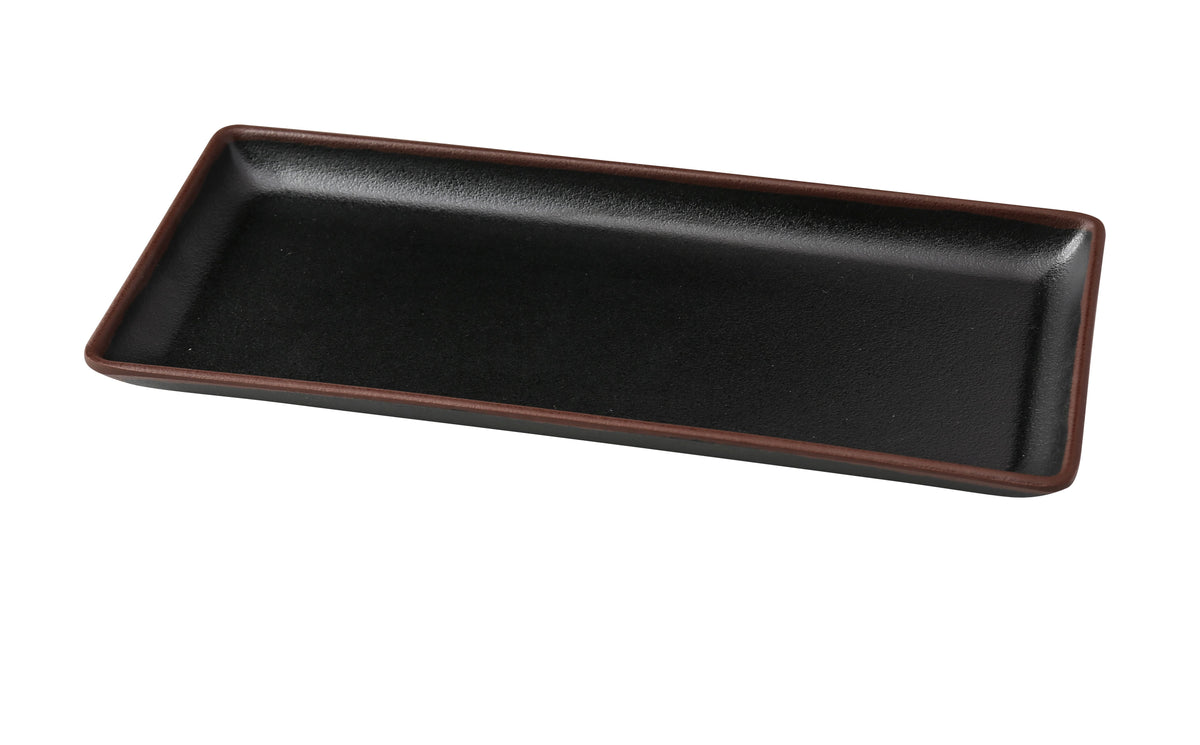 Yanco NA-411BK Sushi/Appetizer Plate, 10-7/8" x 4-7/8" x 3/4" Coupe, Black/Brown Melamine - Case of 36