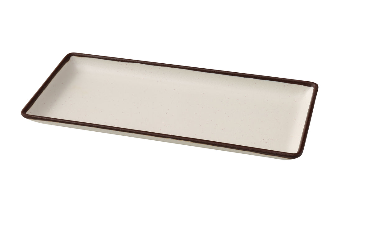 Yanco NA-413 Sushi Coupe Plate, 13" x 5-3/4" x 1" Rectangular Melamine, White Brown Accent - Case of 24