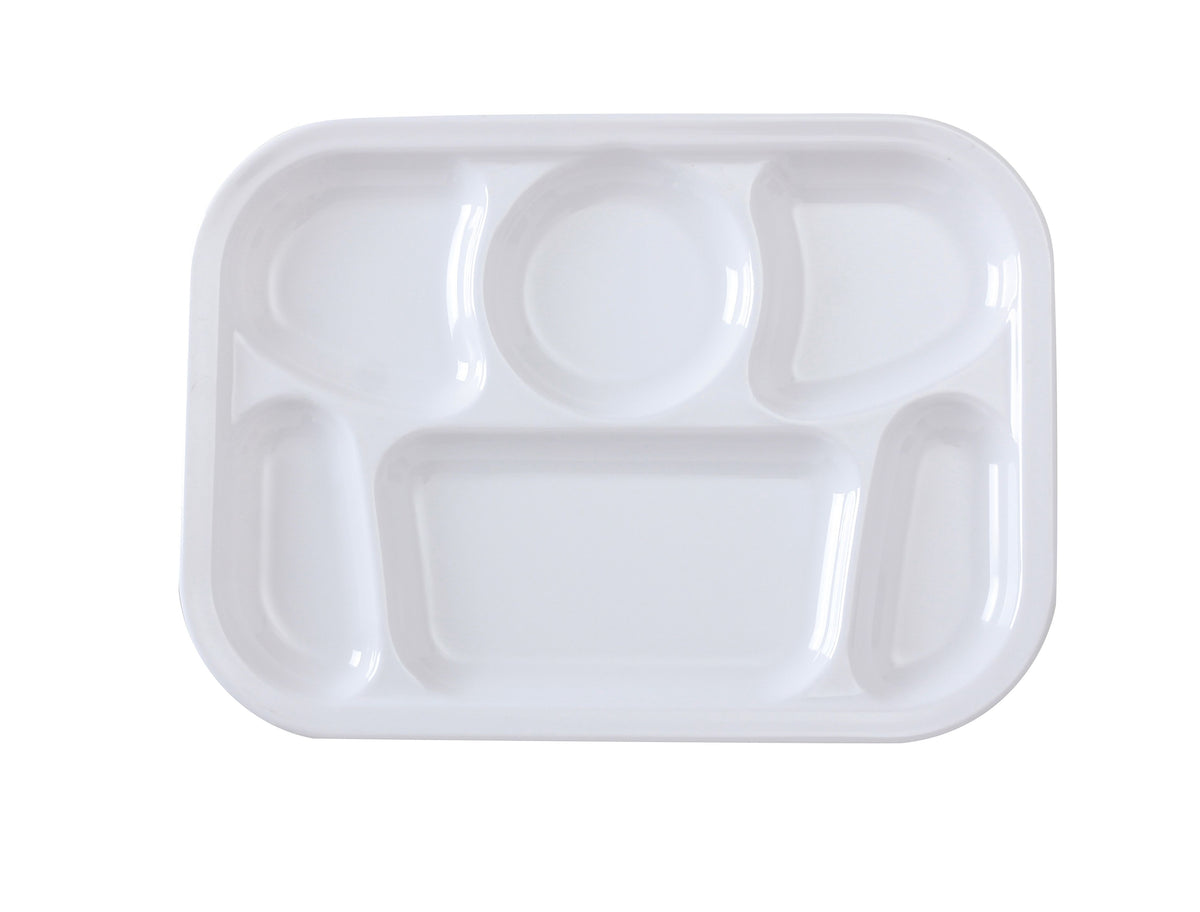 Yanco NS-803W - 13" x 9-1/2" White Melamine Platter, 6 Compartments, Dishwasher Safe, NSF - Case of 12