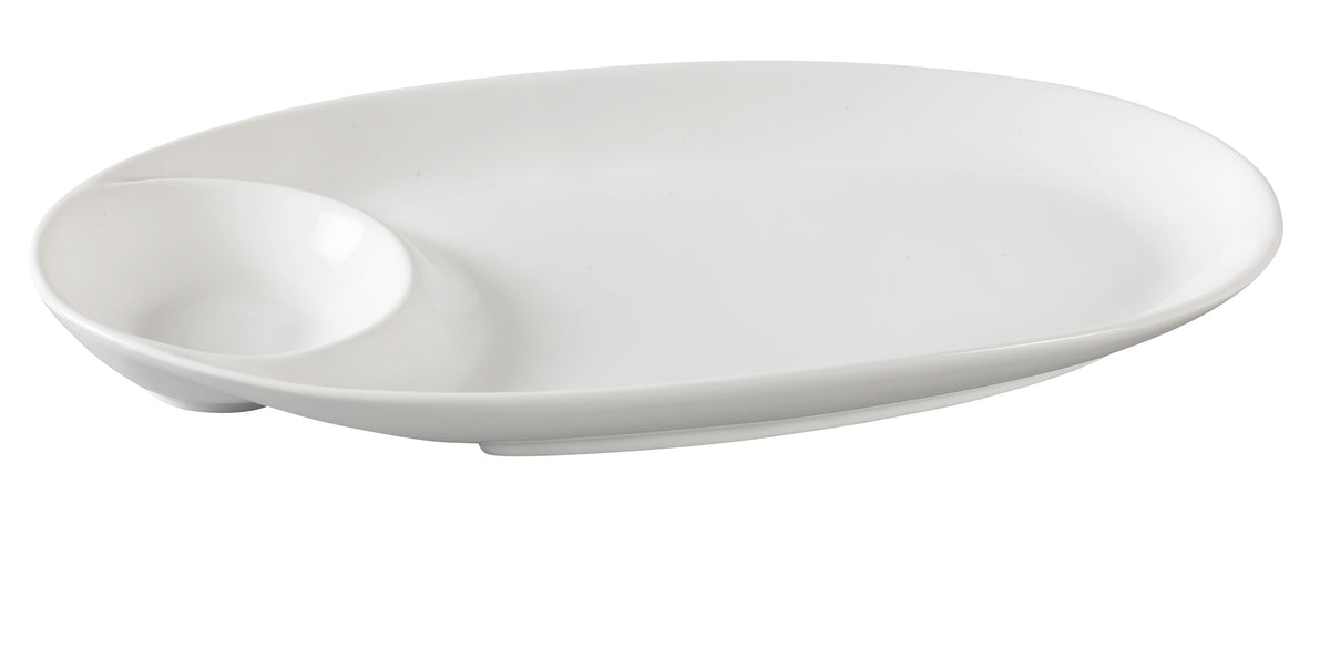 Yanco PS-2013 - 13" Oval White Porcelain Plate with Sauce Compartment - Case of 12