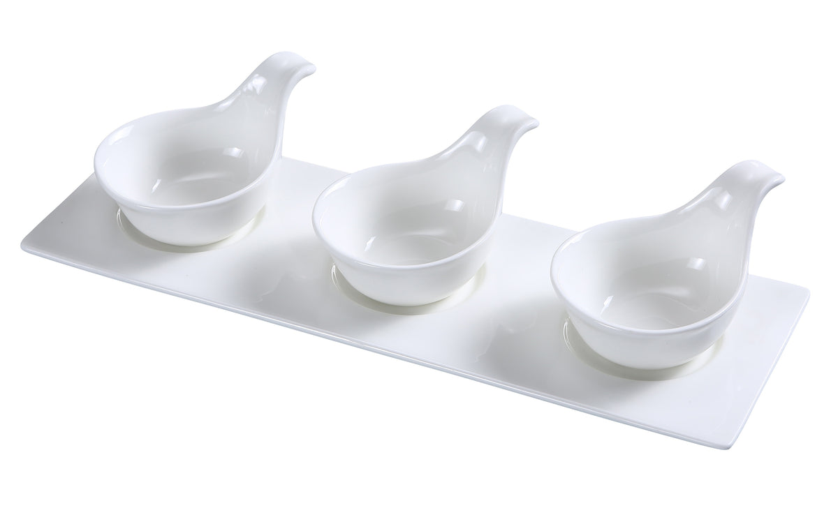 Yanco PS-723 - White Porcelain Tasting Spoon Set, 3 x 3-1/4" 4oz Spoons, 13-1/2" x 4-1/2" Tray - Case of 12 sets