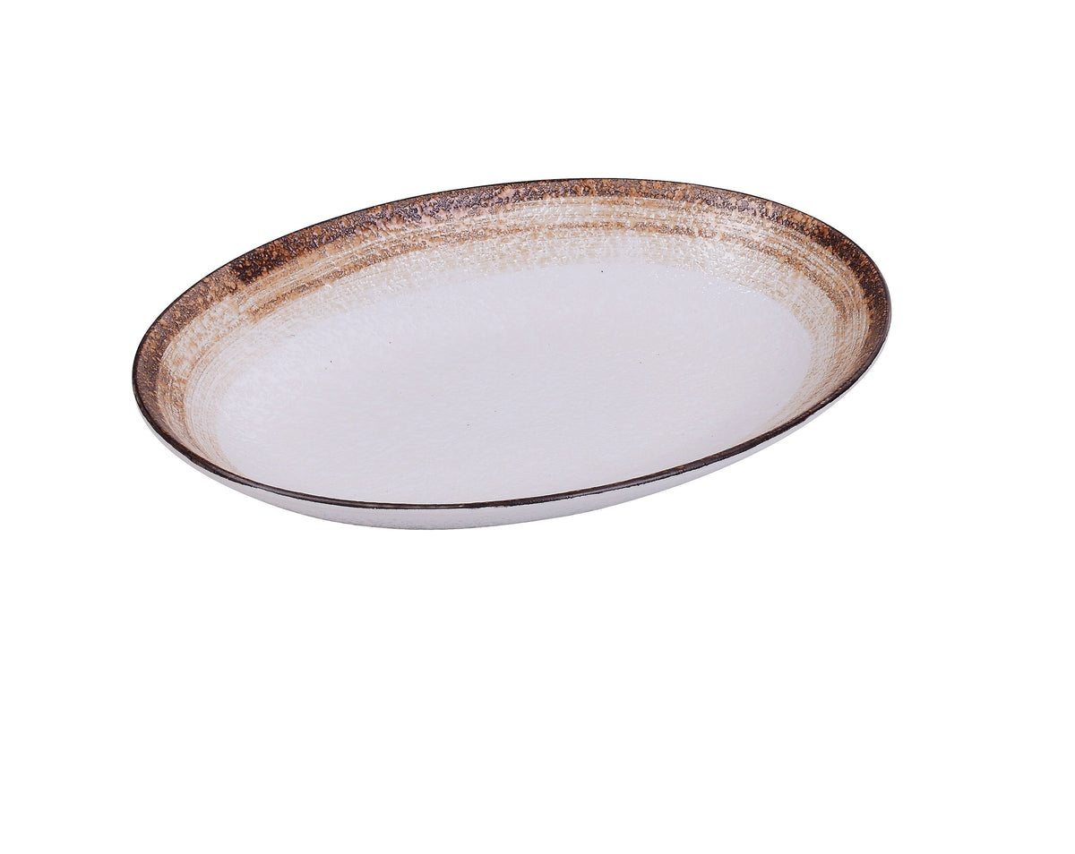Yanco RO-2914 - Oval 14" Porcelain Bowl, 36 oz, White/Brown Glazed, Oven/Microwave Safe - Case of 12