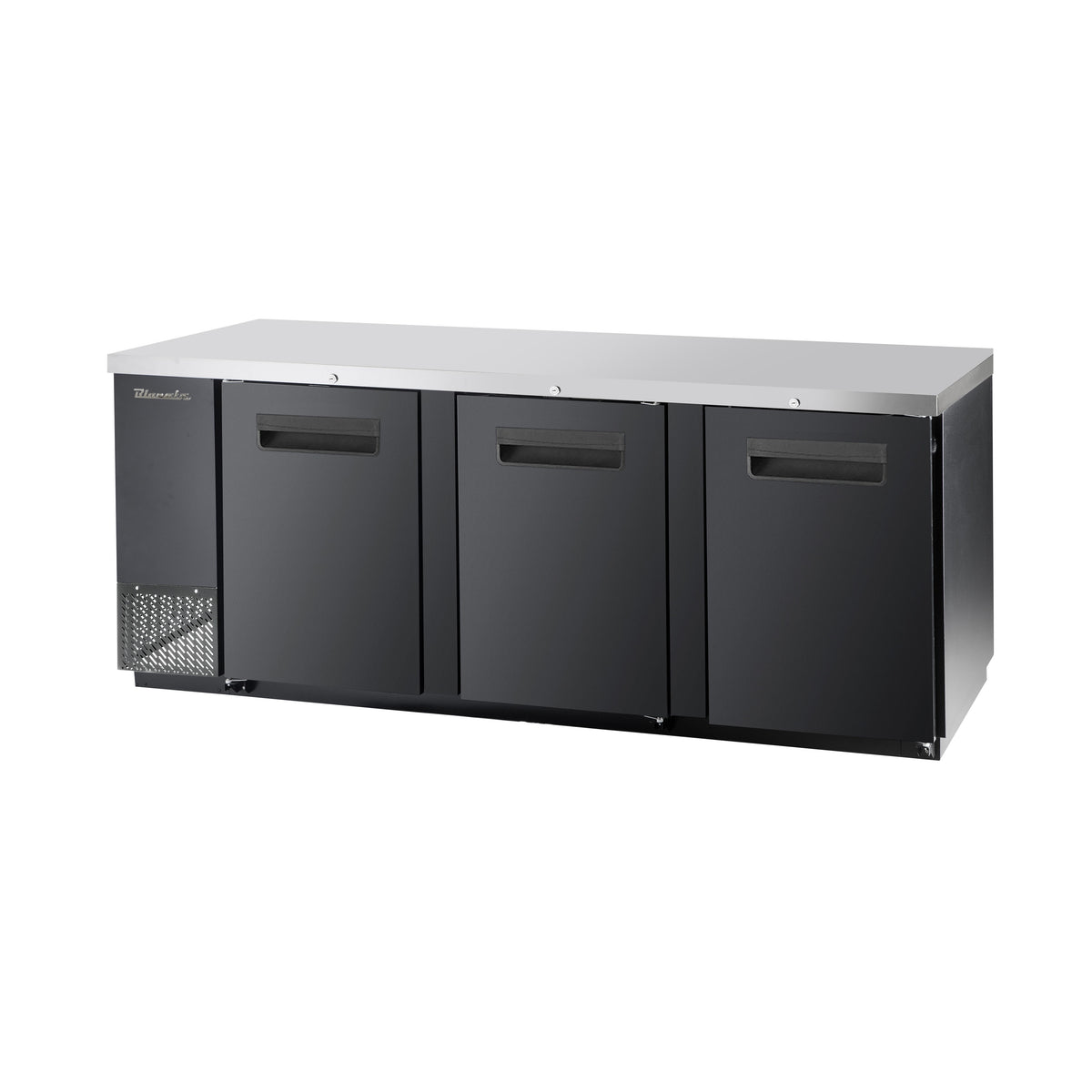 Blue Air BBB90-4B-HC back bar cooler with solid doors, black finish, front angle view