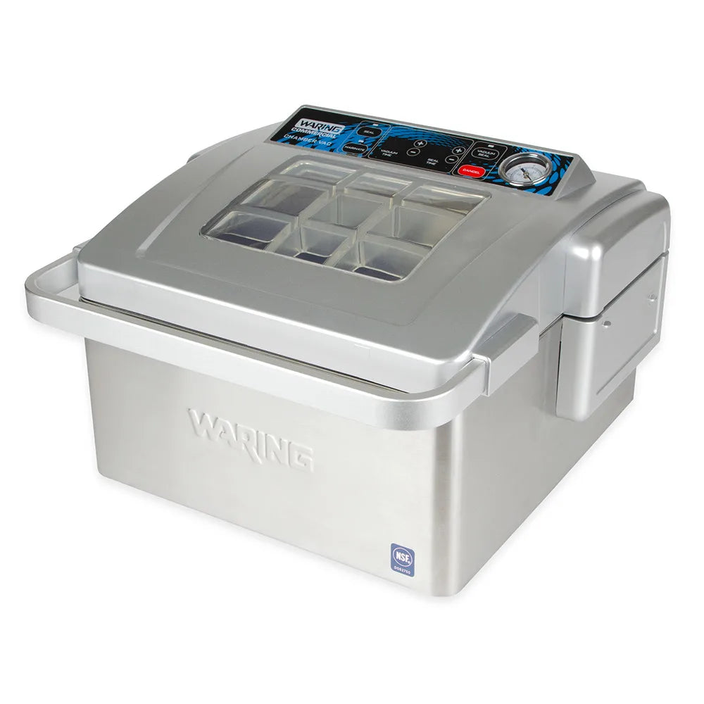Waring WCV300 chamber vacuum sealer, front-left view, lid closed