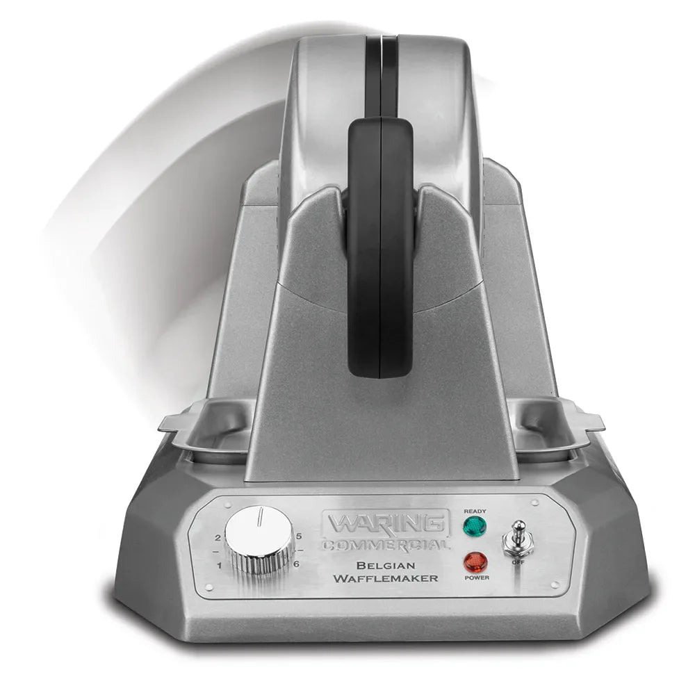 Waring single Belgian waffle maker, front view rotated, control panel