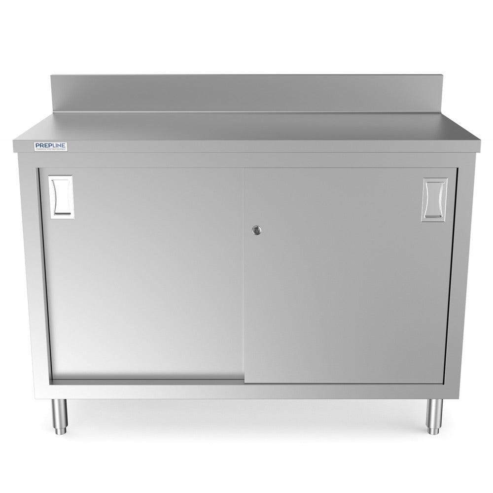 Prepline PCB-1848 stainless steel enclosed base work table, front view, sliding doors closed