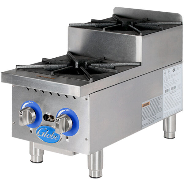 Globe GHPSU212G 12" Gas Countertop Step-Up Range / Hot Plate with 2 Burners