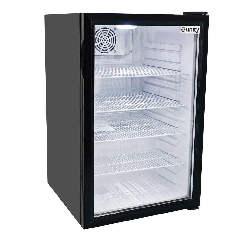 Unity U-CR4 countertop glass door display refrigerator, empty, front angle view