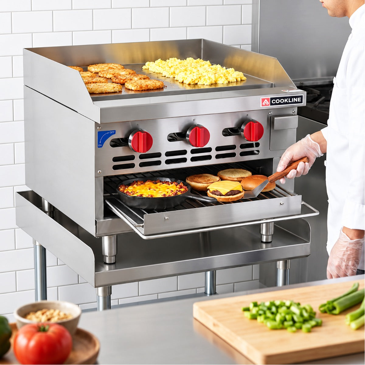Cookline RGB-24M 24" gas raised griddle broiler, in use, griddle and broiler cooking breakfast