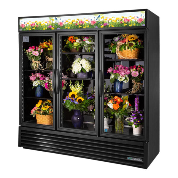 True GDM-72FC-HC~TSL01 78 1/8" Black Refrigerated Glass Door Floral Case with LED Lighting