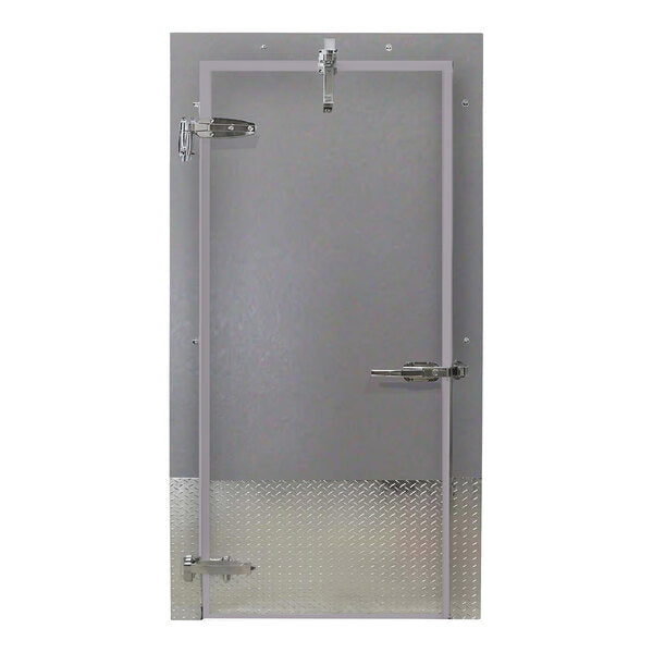 Curtron 36" x 84" Embossed Gray Galvalume Steel Cold Storage Infitting Single Swinging Freezer Door with Heated Frame and Right-Side Handle